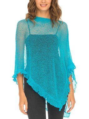 Women’s Torquise Sheer Knit Poncho Shrug Lightweight Asymmetrical Ruffle Wraps
